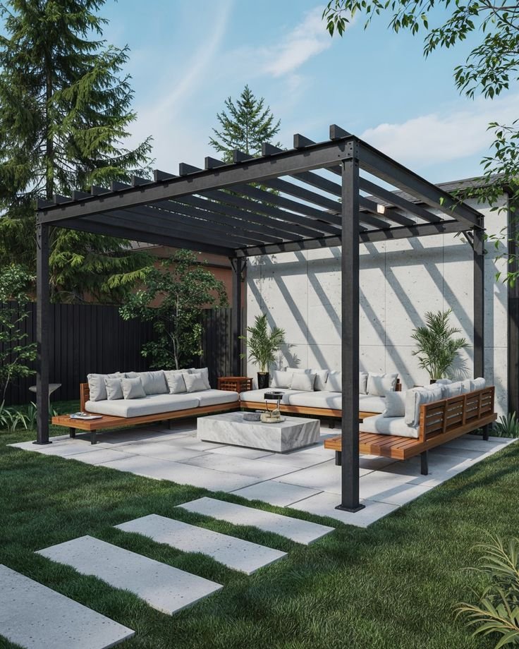 برجولات حديد بتصميم كلاسيكي مودرن للجلسات الخارجية.